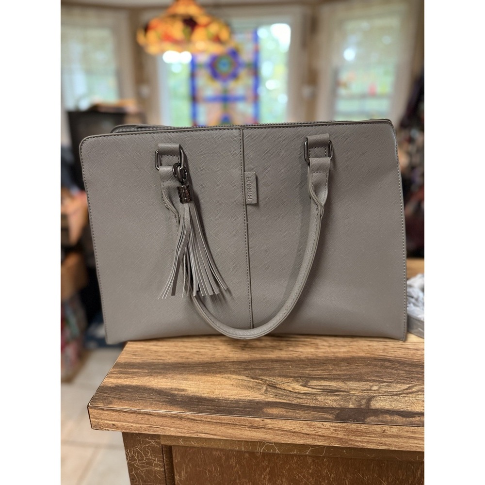ECOSUSI Laptop Tote Work Bag Taupe Gray Fits 15.6" Crossbody Strap Tassel